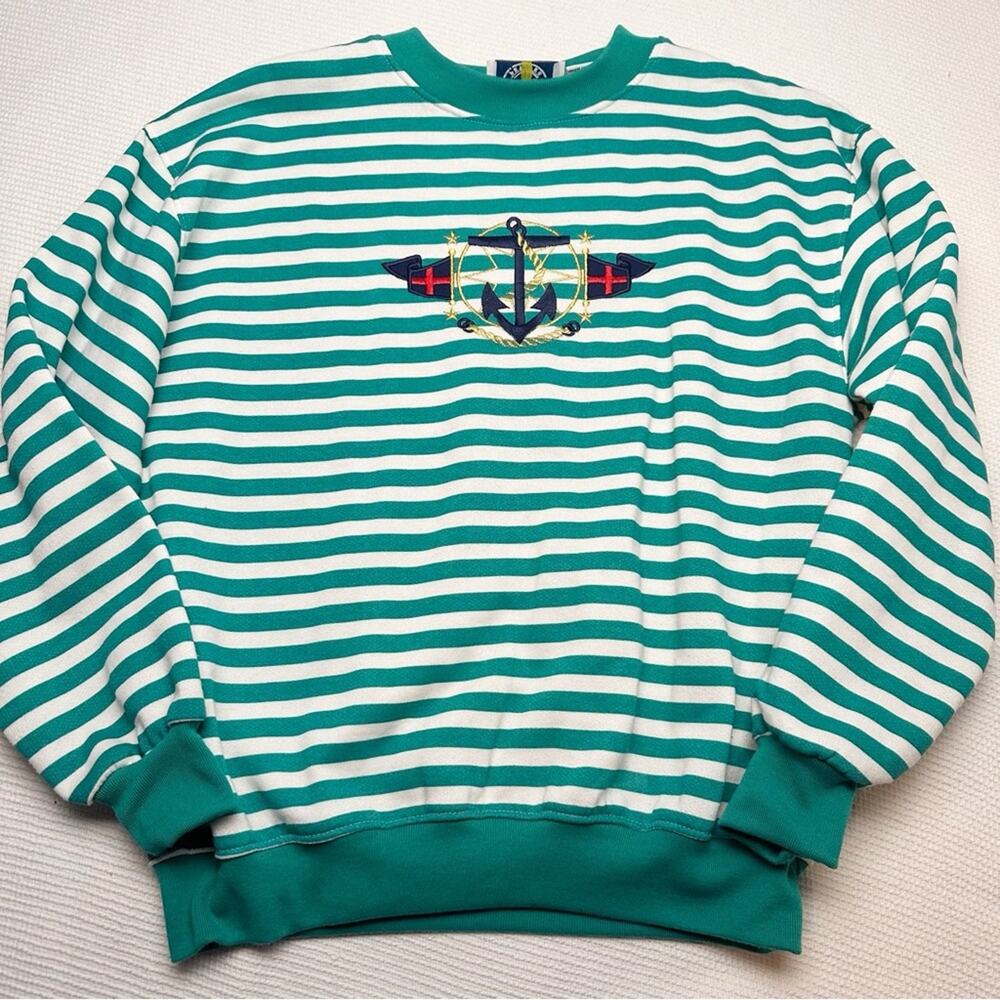 Vintage EB Sport Nautical Striped green white embroidered Sweatshirt